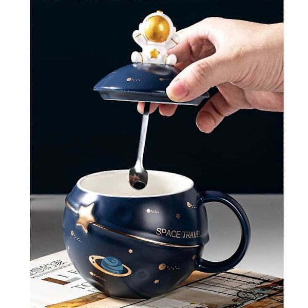Astronaut Kop Rum Præget Planet Krus, Sød Keramisk Kaffekrus, Nyhedskrus med Låg og Ske til Kaffe, Te, Mælk, Æstetisk Rumindretning Sjov Gave