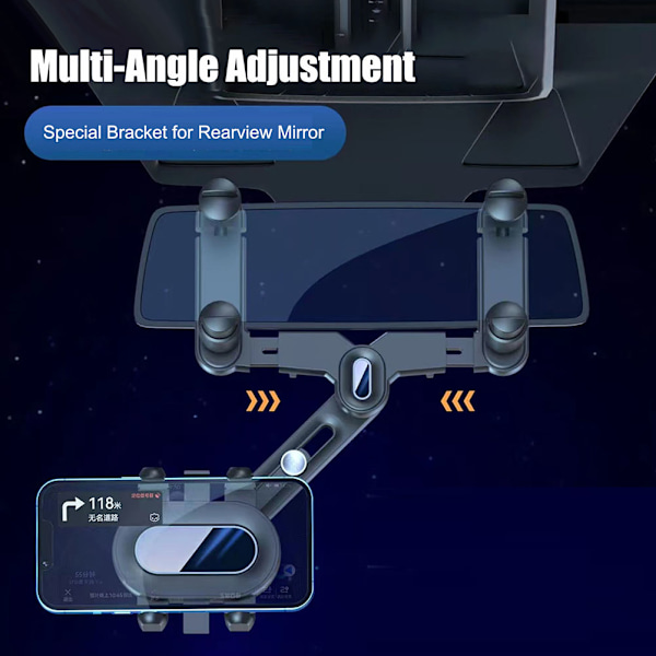Bak spejl biltelefonholder 360° roterbar og justerbar multifunktionel universel telefonholder til alle mobiltelefoner