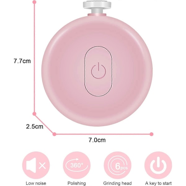 Elektrisk nagelfil för bebisar, batteridriven elektrisk nagelklippare för bebisar med 6 sliphuvuden för nyfödda, spädbarn, barn (Rosa)