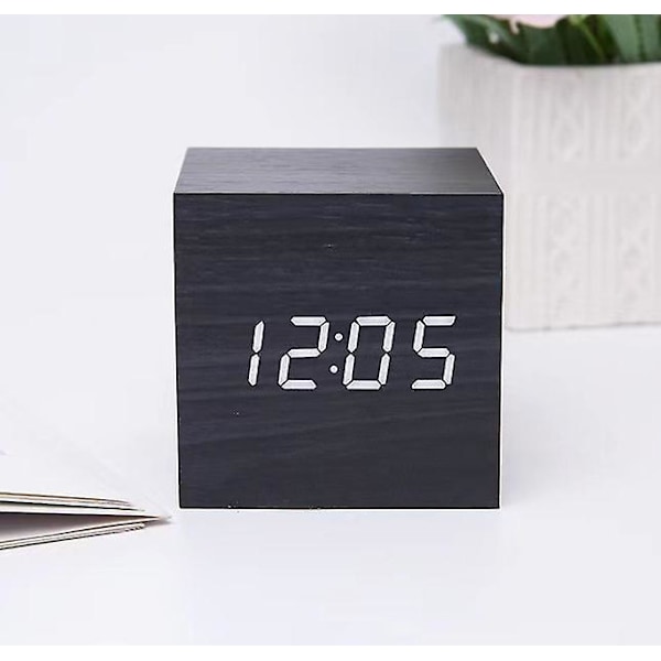Trä LED Väckarklocka Elektronisk Digital Display Tid Klocka Tyst Kub Klockor För Hem Sovrum Sovsal Vakna Upp Träklockor