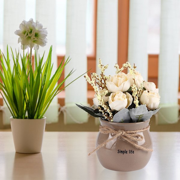 Keramisk vase kunstig silke rose blomst potte hjem desktop dekoration ornament hvid