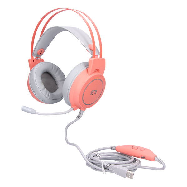Headset för spel med huvudmontering, 50 mm högtalarenhet, stereo, 360° allround, böjbar hörlur, rosa