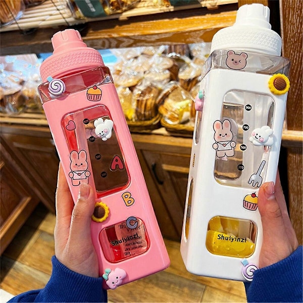 Kawaii-vesipullo pillillä, 3D-söpö karhutarra, juomakuppi, pinkki