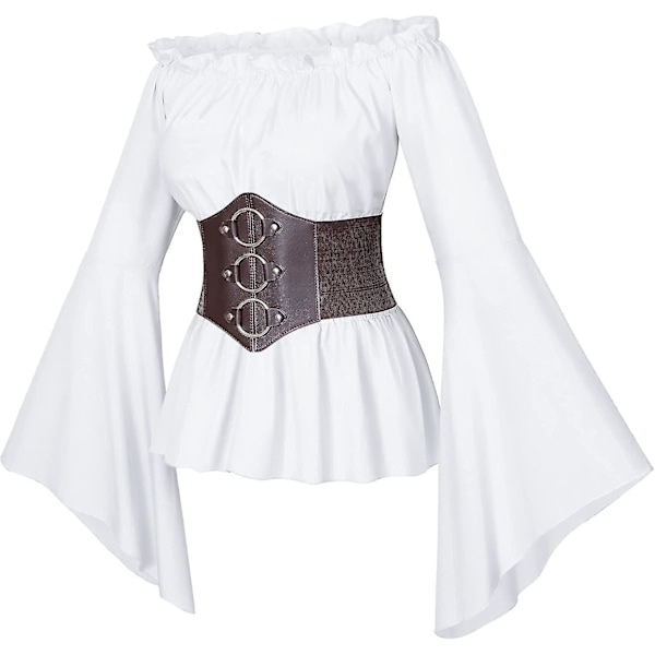 Renessanssi Victorian Peasant Ruffle Smocked Waist Boho Pirate Shirt Blouse Set Small White