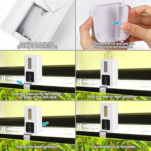 Automatisk foderautomat med stor kapacitet og 360° rotation, justerbar batteridrift, til akvarieferier