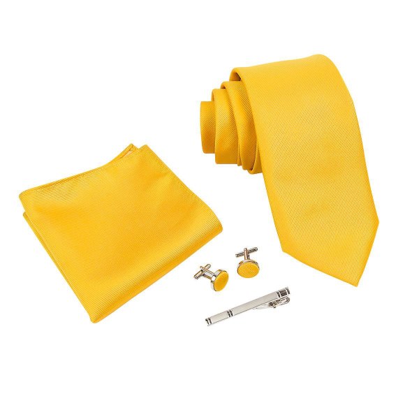 Klassisk silkeslipssæt til mænd med bindeclips og firkantet lomme - gul