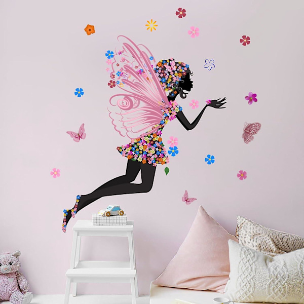 Butterfly Girl Wall Stickers - Pink Fairy Flower Wall Art for Girls Nursery Bedroom