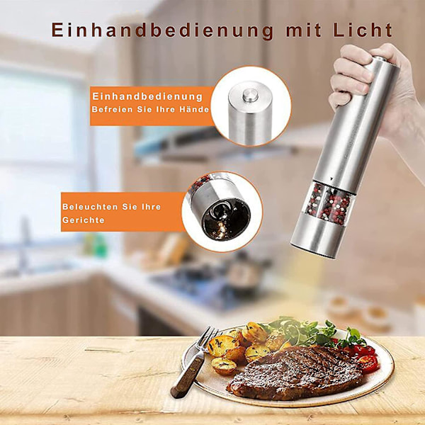 Elektrisk pepperkvern med LED-lys, salt- og pepperbøsser, justerbar grovhet, pepperkvern i rustfritt stål, elektrisk pepperkvern for urter