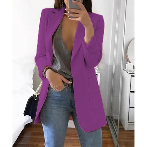 Purple Lapel Blazer Jacket for Women - Hip Length, Casual Work Office Style