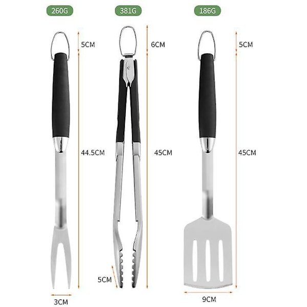 BBQ Grillverktøysett i rustfritt stål - Tang, Skovl og Gaffel (3-delt sett)