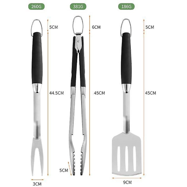 Grillverktygssats i rostfritt stål - Tång, Spatel och Gaffel (3-delars set)