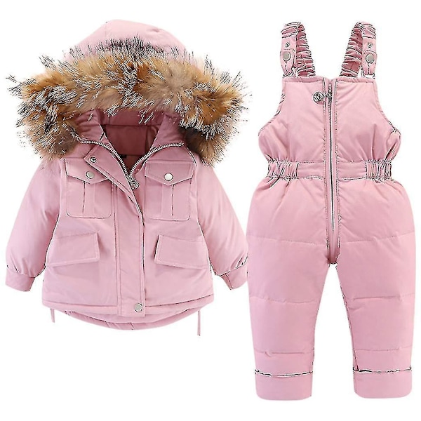Barnens Rosa Dunjacka och Byxa Set - 2 Delar, Vinterjacka med Huva för Flickor och Pojkar, 90cm