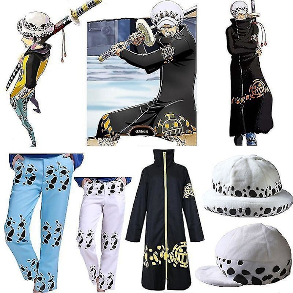 One Piece Trafalgar Law Cosplay Kostume - Unisex Lang Frakke til Mænd med Kappe og Hat XXL One Piece Kappe