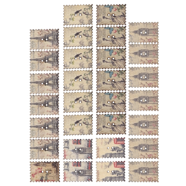 30 stk tre knapper retro frimerker form trebrikker dekorasjonstilbehør for DIY håndverk sying