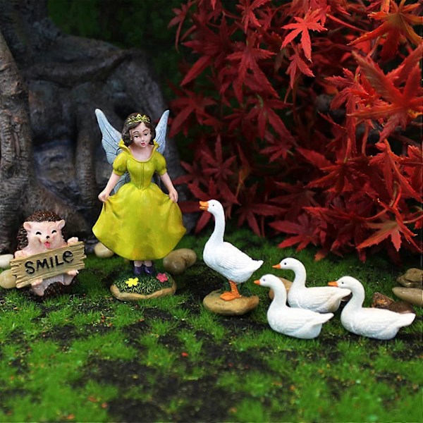 Sæt med 6 Fe-have Tilbehør, Fe-have Miniaturer Inkluderer Fe, Pindsvin og 4 Ænder Mini Have Figur Fe Dekorationer, Miniature Fe Ga