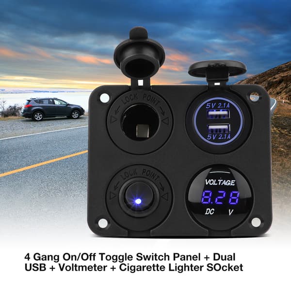 4-veis PÅ/AV-vippebryterpanel Dobbel USB-lader Sigarettenneruttak Voltmeter Blå LED