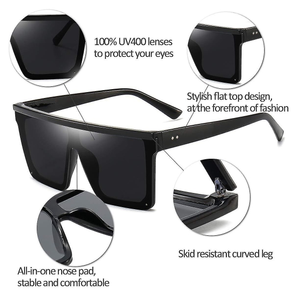 Överdimensionerade fyrkantiga solglasögon för kvinnor och män - Fashionabla skärmar med stor båge i svart båge med svart lins