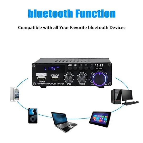 AS22 HiFi Digital Forstærker 30Wx2 2.0 Kanal Bil Bluetooth EU Stik