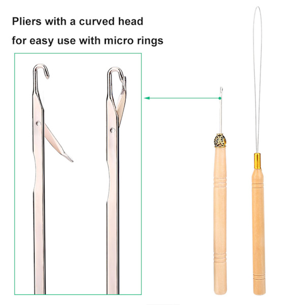 Peruk Connector Kit Tång Kroknål med 500st mikroringar Hårförlängningstillbehör Svart