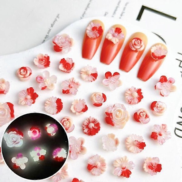 50 st 3D Flatback Nagelberlocker Självlysande Nagelkonstdekorationer med Blommor, Hjärtan, Kaniner, Fjärilar, DIY Akryl Nageldekorationer12