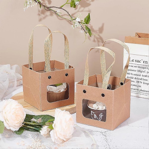 Pakk med firkantede papirgaveposer med håndtak, små handleposer for babyshower, bryllup, bursdag, blomsterbutikkemballasje, 10x10cm