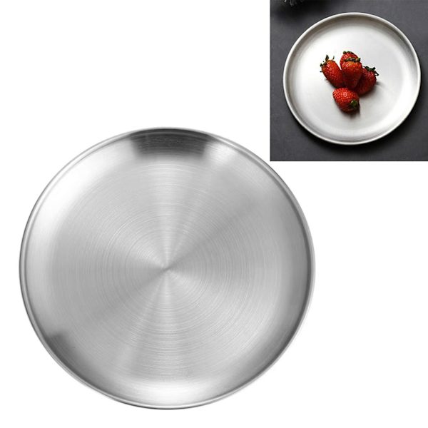 Runde pizzaplader i rustfrit stål, diameter 11,8 tommer, runde middagstallerkener i børstet metal til kage, dessert, frugt og vestlig mad