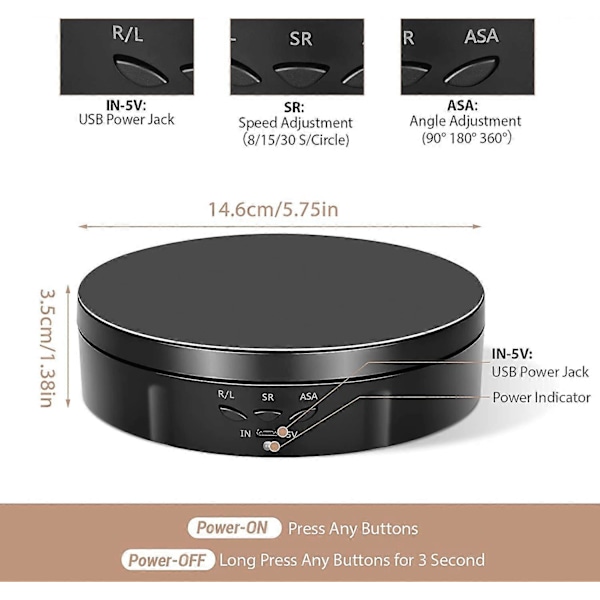 Elektrisk Skivspelare, 360 Roterande Uppladdningsbar Elektrisk Roterande Skivspelare, 3 Justerbara Hastigheter och Vinkel, Last 10 kg, Diameter 14,6 cm, med 6 PVC Bot