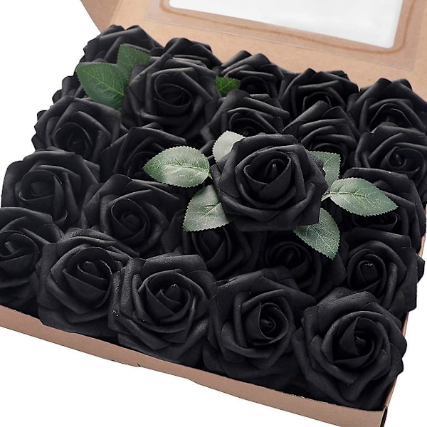 Pakke med 25 Kunstige Roseblomster Realistiske Falske Skumroser med Stilker Bukett for DIY Fest Hjem Bryllup Brude Bordpynt, Svart