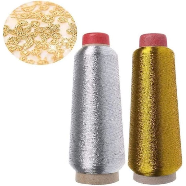 2 ruller broderitråd polyester sytråd, for datastyrt brodering og dekorativ søm 3600M/spole (gull, sølv)