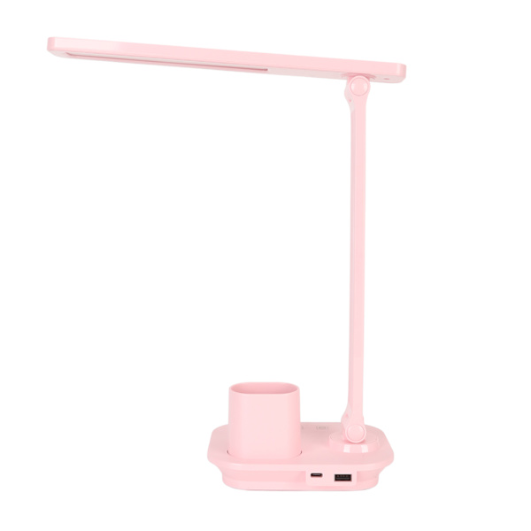 LED-bordslampa 5W ögonvänlig uppladdningsbar 3 färgtemperaturer steglös dimbar USB-lampa med pennhållare rosa