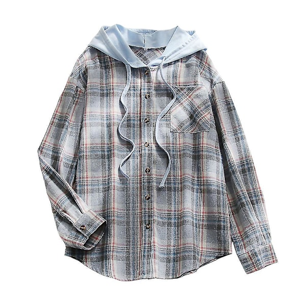 Plaid Hoodie Shirt Women's Casual Loose Button Blouse S Sky Blue