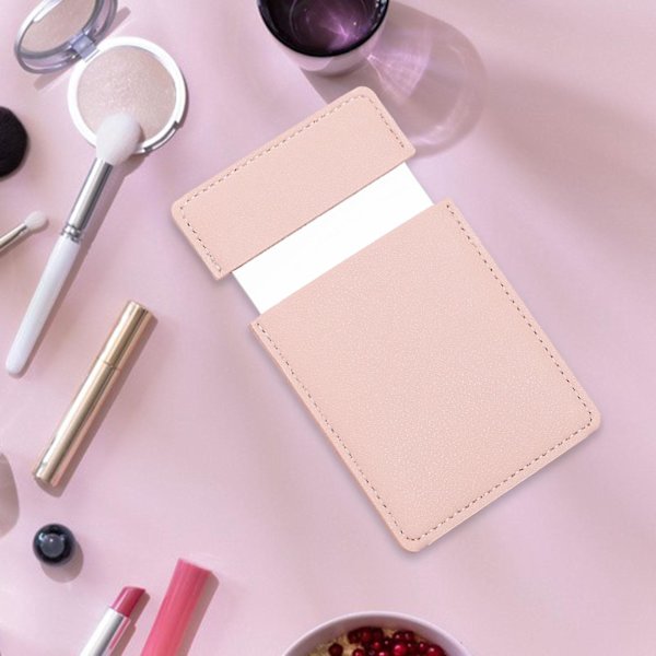 Fyrkantig Mini Sminkspegel Resa Utomhus med PU Läderfodral Rosa