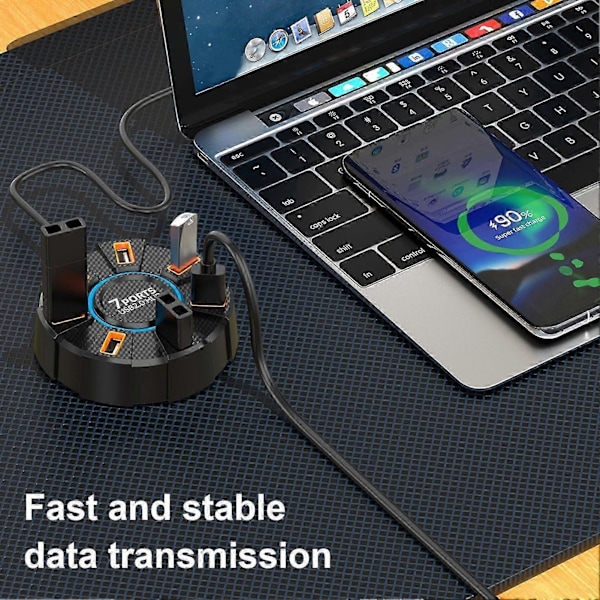 USB HUB Dockingstasjon med 7 porter, høyhastighets dataoverføring, anti-interferens design, overstrømsbeskyttelse, ekspansjonsdokk, svart 60cm