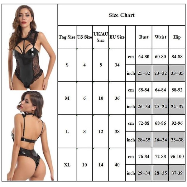Sexet sort PU læder lingeri bodystocking til kvinder