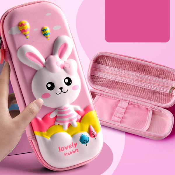 Cartoon Pencil Case EVA 2 Layer Learning Stationery Box Boys Girls 3D PU Leather Large Capacity Pink Cute Rabbit