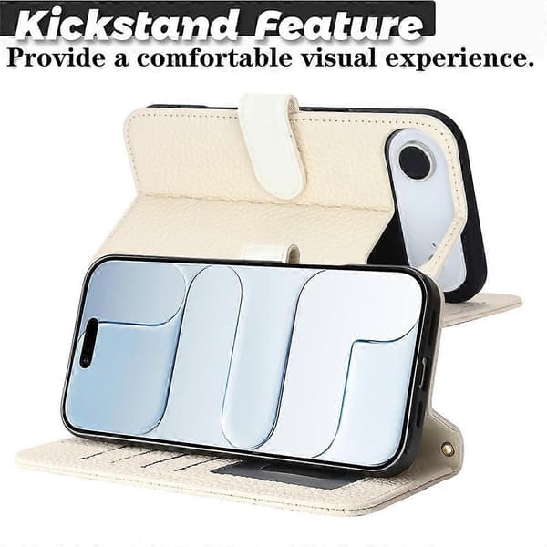 Compatible with iPhone Air Stand Case Litchi Texture Genuine Cowhide Wallet Case RFID White