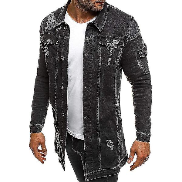 Sliten denimjacka för män - Långärmad ytterkläder med fickor M Svart