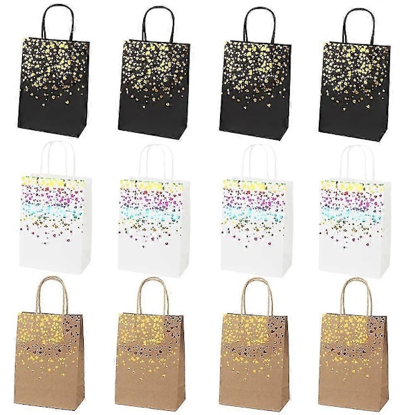 12 Stykker Papirposer, Gaveposer, Gavepose, Kraftpapirpose, Kraft Bronzing Gavepose, Kraftpose Med Gullhjerte-Mønster, For Bursdag, Bryllup