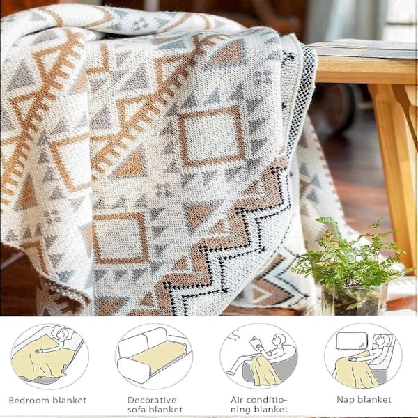 Boho-tyylinen neulottu torkkupeitto, jossa on hapsut, akryylinen neulottu koristepeitto sohvalle, tuolille, sängylle, divaanille, 130*170cm
