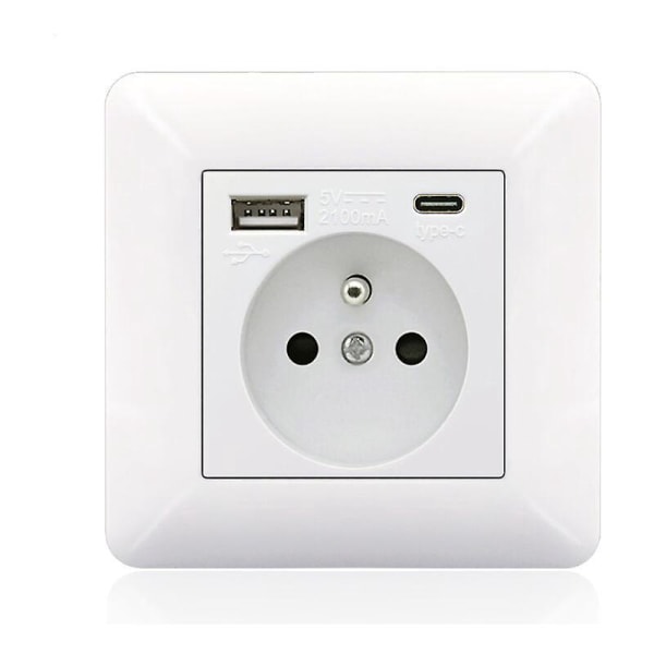 Säker och fast fransk typ-C + USB uttagspanel, 2 uttag + 1 USB port + 1 typ-C-port (vit båge)