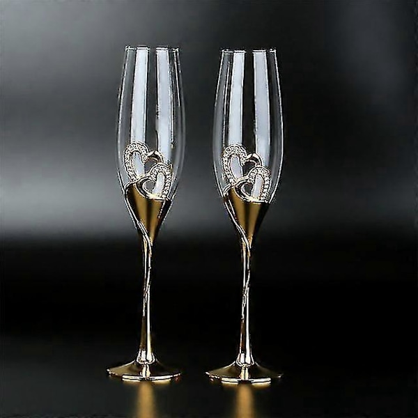 Bröllop Kristall Champagneglas Guld Metallställ Flöjter Vinglas Bägare 2st/set
