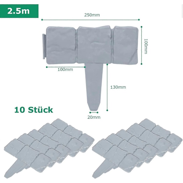 10-pack Stenliknande Kantstöd för Trädgårdsgräsmatta Grå 245cm Rabatter Låssystem Flexibel Kantstaket