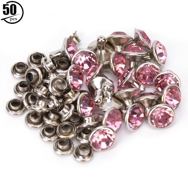50 set Strassnitar Kristall Diamantnubbar Läder Craft Bag Kläder Dekoration8mm Silver Edge Rosa Diamond