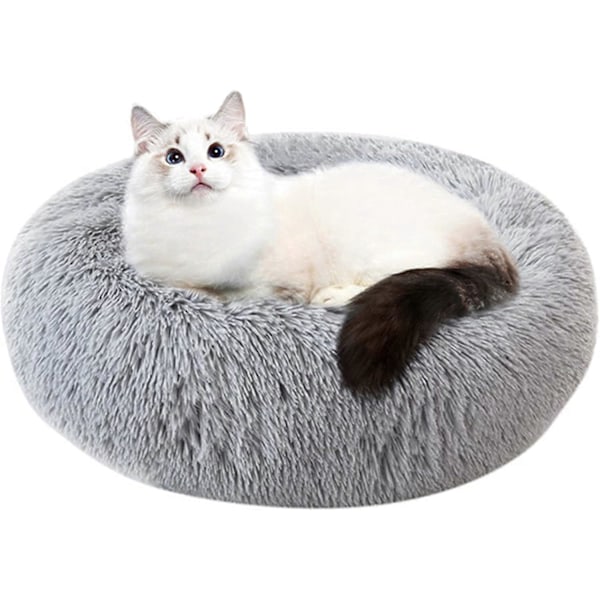 Plysj Donut Kjæledyrseng, Hundeseng for å Holde Varmen, Rund Huleseng med Pute (S-19.7\"*19.7\"/Lys Grå)
