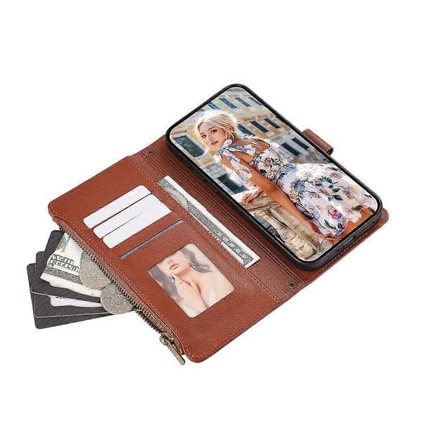 Compatible Case for Samsung Galaxy A56 5G, Multi-Slot, Zipper, Leather Case with Wrist Strap Brown