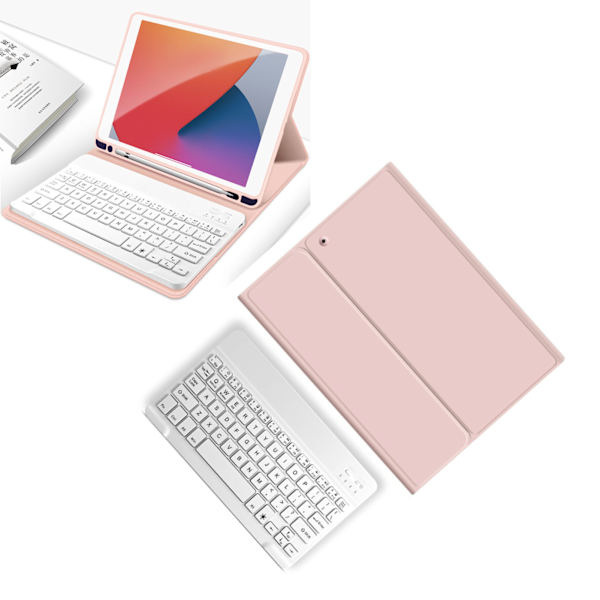 Magnetiskt tangentbord för surfplatta med genvägsknappar, stativ, pennhållare, exakt fodral, trådlöst tangentbord för IOS-surfplatta 10,2 tum, rosa fodral och vitt tangentbord