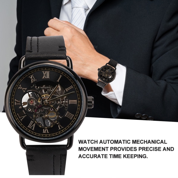 FORSINING Fasjonabelt armbåndsur Mekanisk halvautomatisk hulmønster herreklokke (svart overflate, svart urkasse)