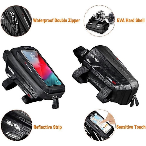 Cykel Telefon Taske Stel Taske, Vandtæt Cykel Telefon Holder MTB Stel Taske Styr Taske Touch Screen til Smartphone Under 6.5 Tommer (Sort)