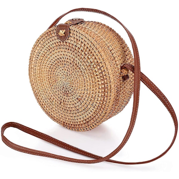Sirkel Rattan Veske, Bohemsk Rattan Veske Håndlaget Rund Vevd Veske for Kvinner Mote Vevd Veske Sommer Strandveske Klassisk Rattan Skulderveske Chic St