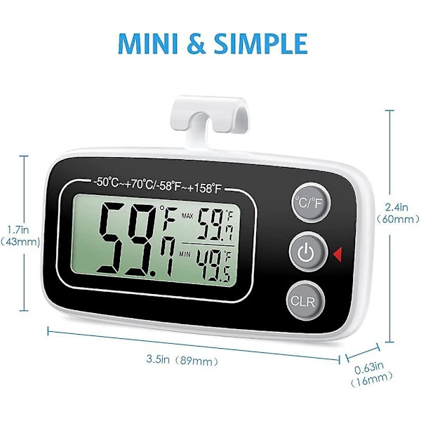 Digitalt kjøleskaps- og frysetermometer - 2-pakning, stor LCD-skjerm, min/maks-funksjon, 3 støttemetoder, C/F-konvertibel
